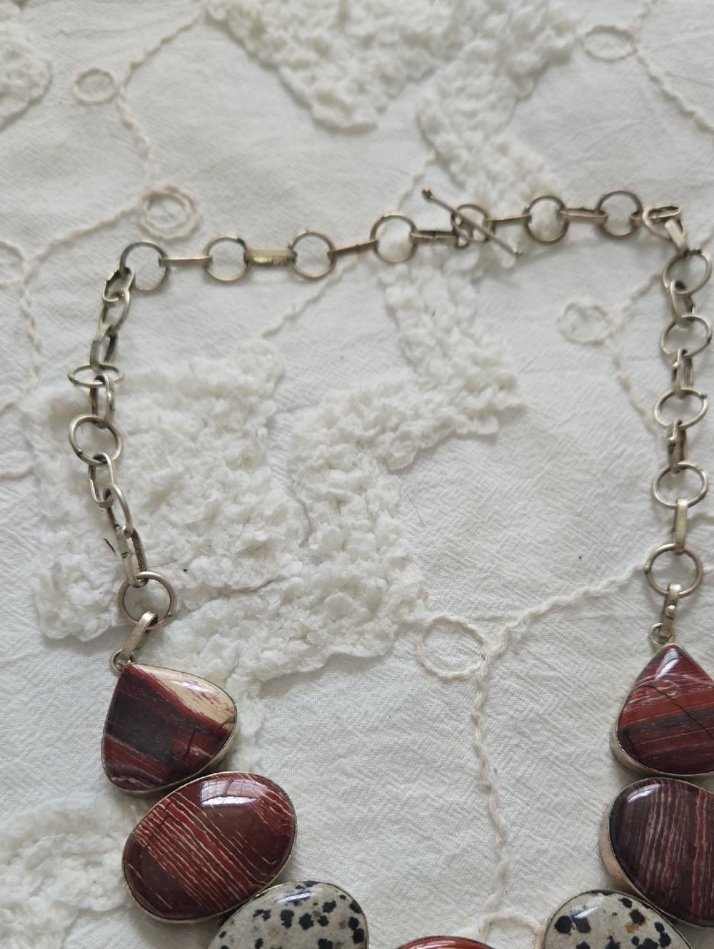 Red Jasper & Dalmatian Stone Statement Necklace with Pearl Accents - Picture 3 of 8